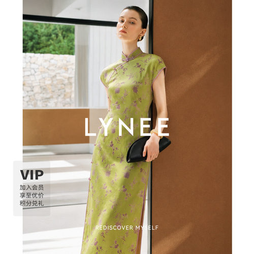 LYNEE绿色缎面新中式旗袍连衣裙