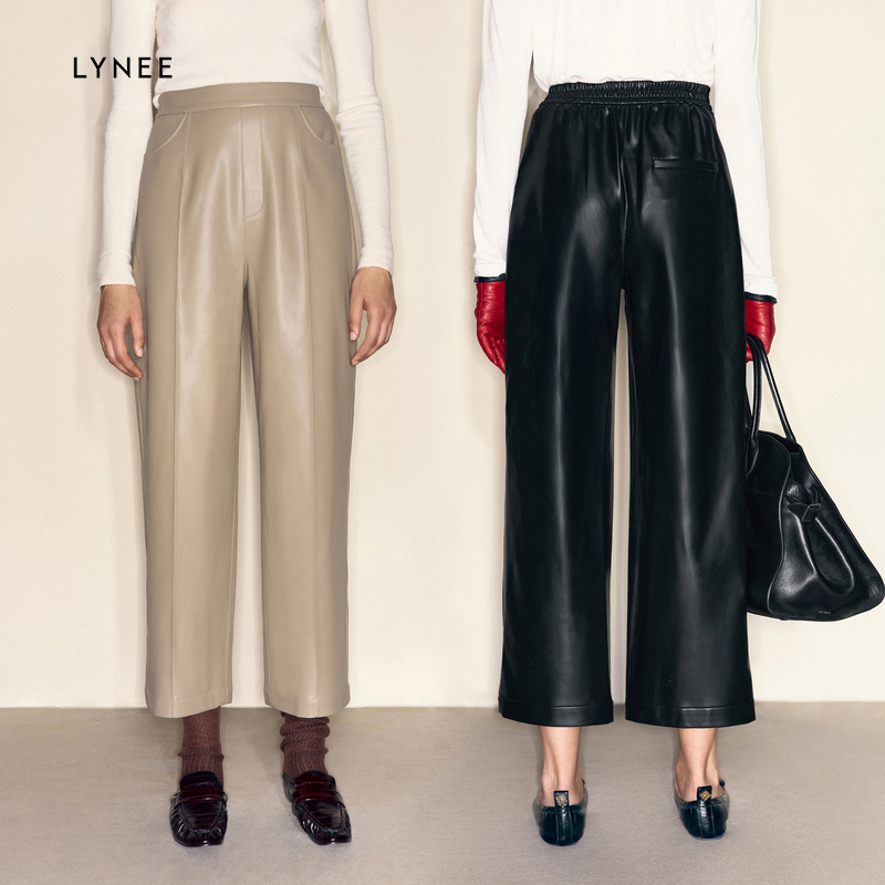 【福利】LYNEE 高腰PU皮直筒简约九分裤女百搭皮裤