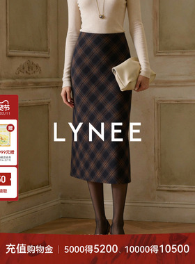 LYNEE miu系复古绵羊毛格子斜裁半裙 冬季通勤休闲长半身裙
