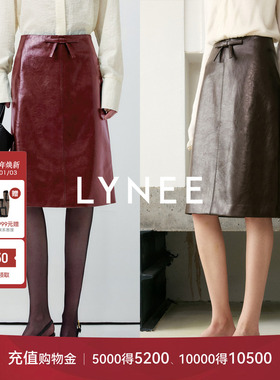LYNEE【梦巴黎】蝴蝶结PU皮半裙女秋季新款肌理感高腰小A字半身裙