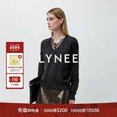 LYNEE 灰色V领设计感毛衣 镂空绣花针织上衣 城市剪影 羊毛混纺