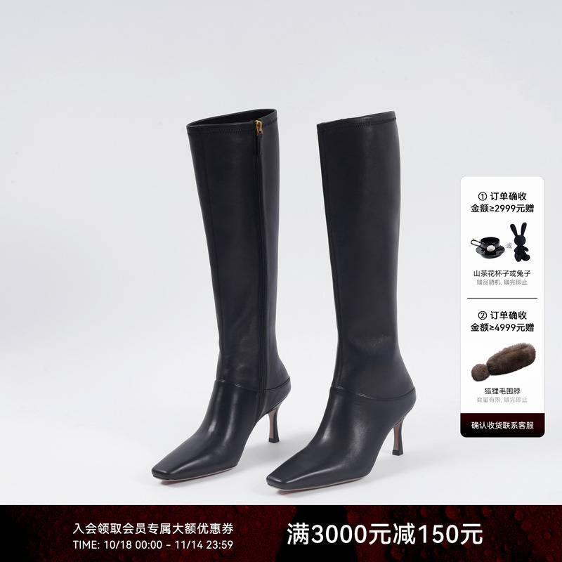 LYNEE 时髦方头细高跟长筒靴女2025秋冬新款优雅气质时装靴