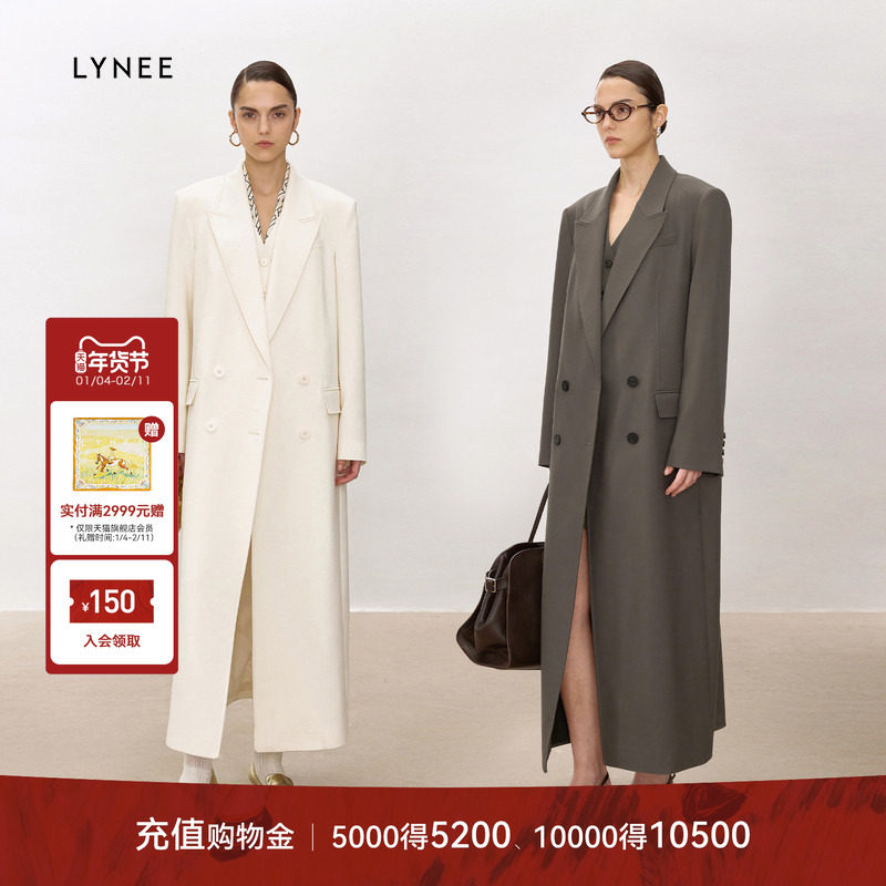 LYNEE 美利奴羊毛创驳领宽肩风衣式直身大衣女气质长款外套,女装/女士精品,毛呢外套,淘宝优惠券,粉丝福利购,淘宝优惠卷
