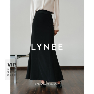 LYNEE【信封裙】重工蕾丝拼接半身裙女春季中长款黑色显瘦鱼尾裙