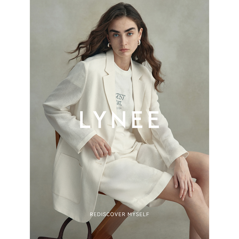 LYNEE 简约白色亚麻肌理宽松西装外套女时尚通勤西服老钱风