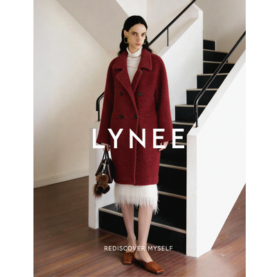 LYNEE【黑标 新生红装】羊驼毛羊毛混纺 圈圈毛红色中长大衣外套