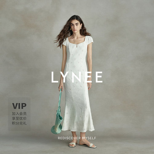 LYNEE 镂空绣花收腰鱼尾亚麻连衣裙女夏季新款优雅法式长裙