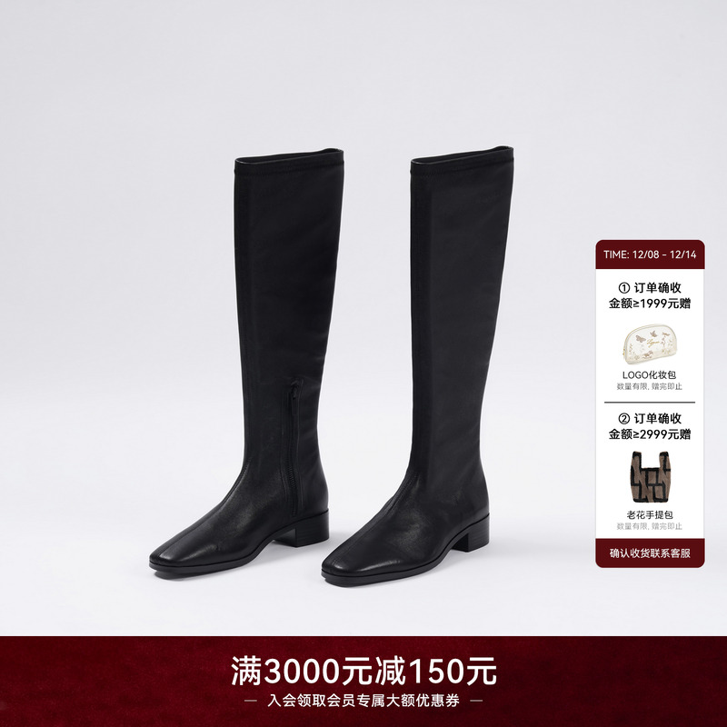 LYNEE 羊皮弹力长靴女2025秋冬新款英伦风高筒粗跟骑士靴真皮靴子