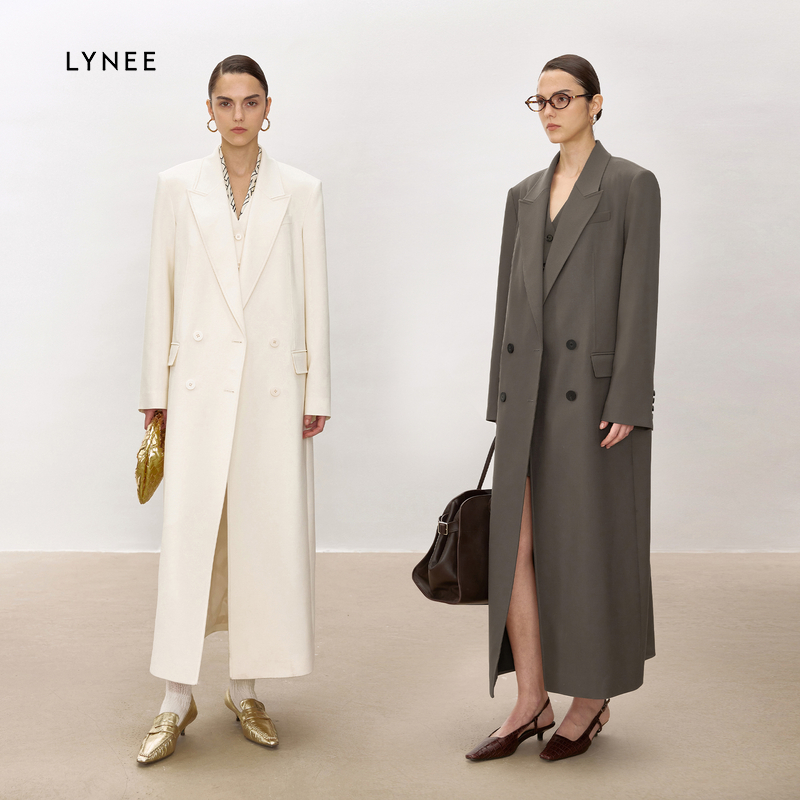 LYNEE 美利奴羊毛创驳领宽肩风衣式直身大衣女气质长款外套