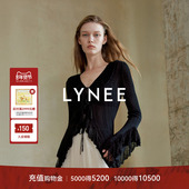 LYNEE 上衣 优雅时尚 设计感蕾丝荷叶边V领收腰针织开衫 女2026春季