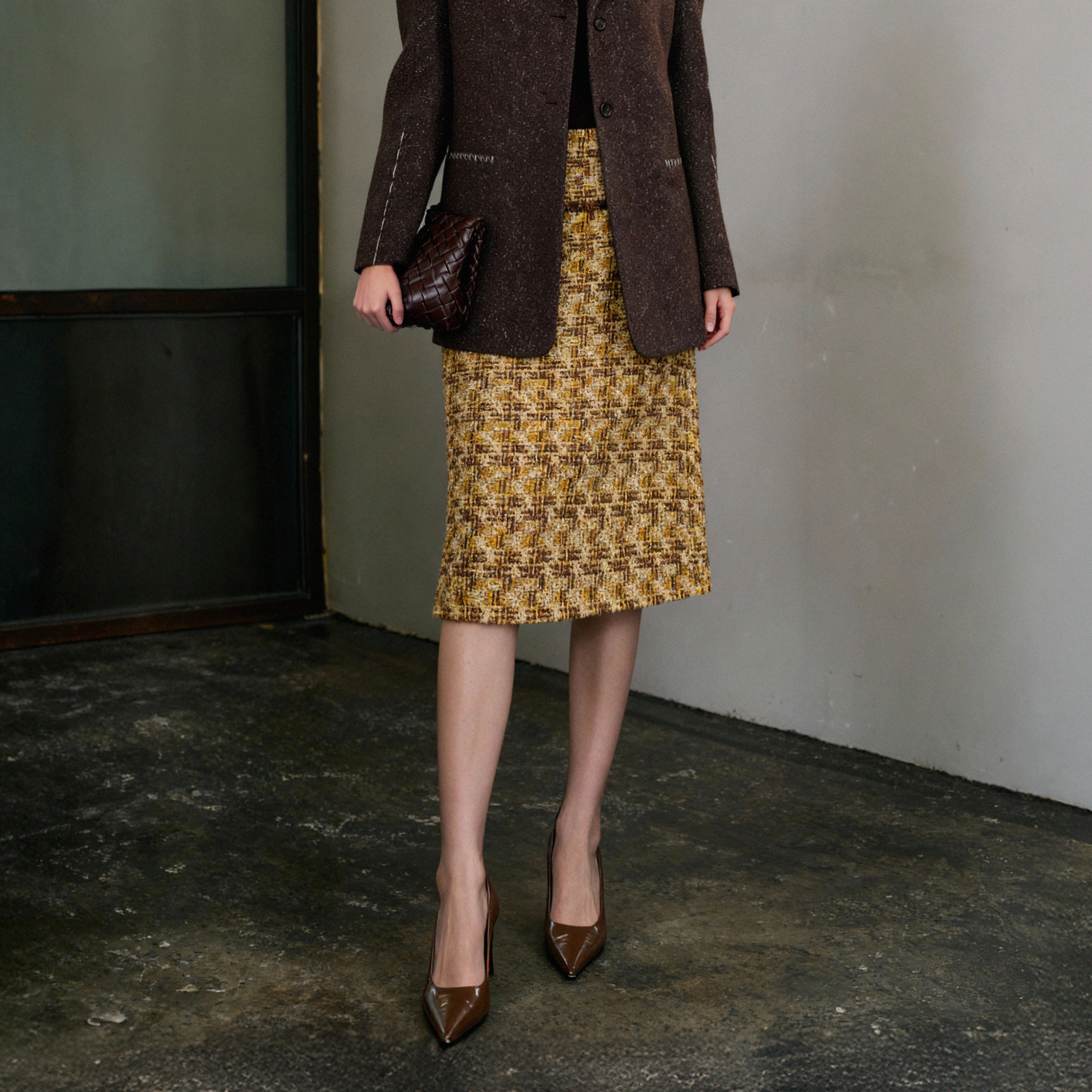 新LYNEE【午后红茶】花纱小香风粗花呢半裙轻奢开叉半身裙女新款