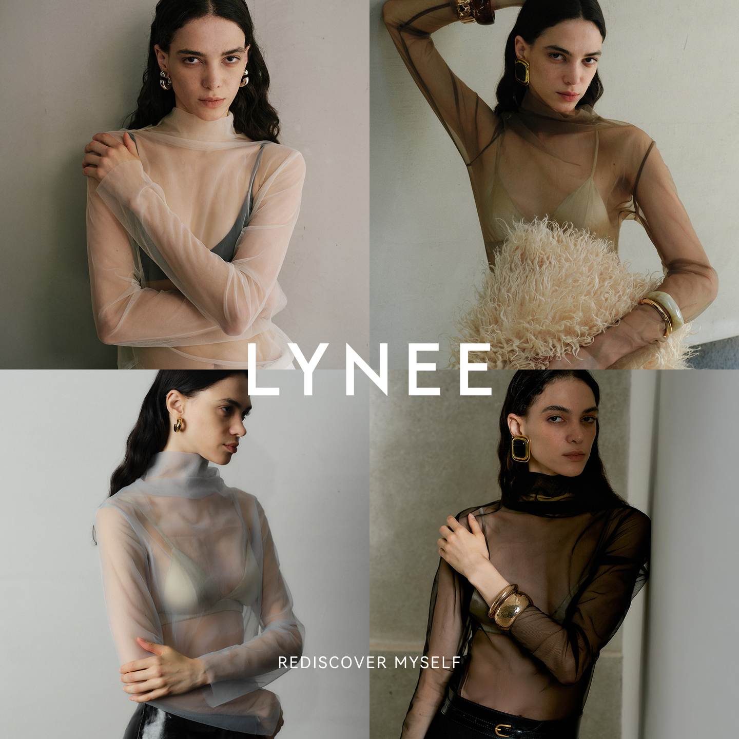 LYNEE【云雾】2025新款叠穿内搭上衣女半高领透视网纱长袖打底衫