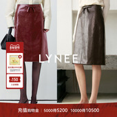 新LYNEE 梦巴黎 蝴蝶结PU皮半裙女肌理感小A字半身裙