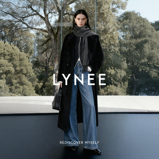 LYNEE【黑标801 水光大衣】秘鲁进口苏力羊驼毛大衣女黑色长外套