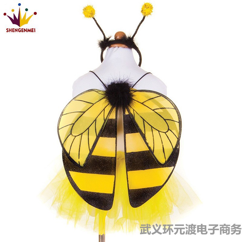 儿童蜜蜂翅膀羽毛两件套 金粉彩绘蝴蝶精灵背翅 黄色女童表演道具