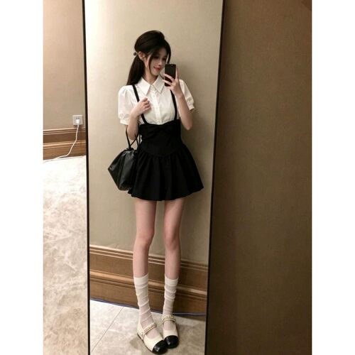 千金风短袖衬衫背带裙子套装女