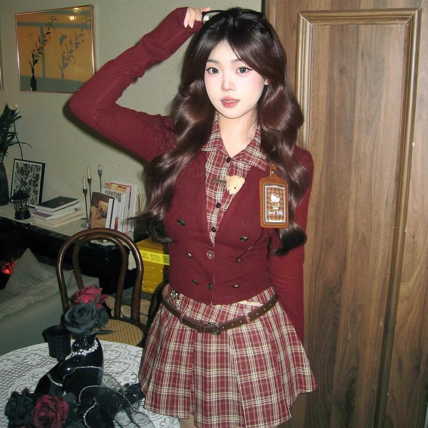 韩系学院风红色格子套装女冬装