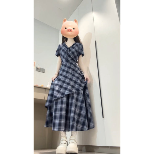 法式蓝色格纹V领不规则连衣裙子