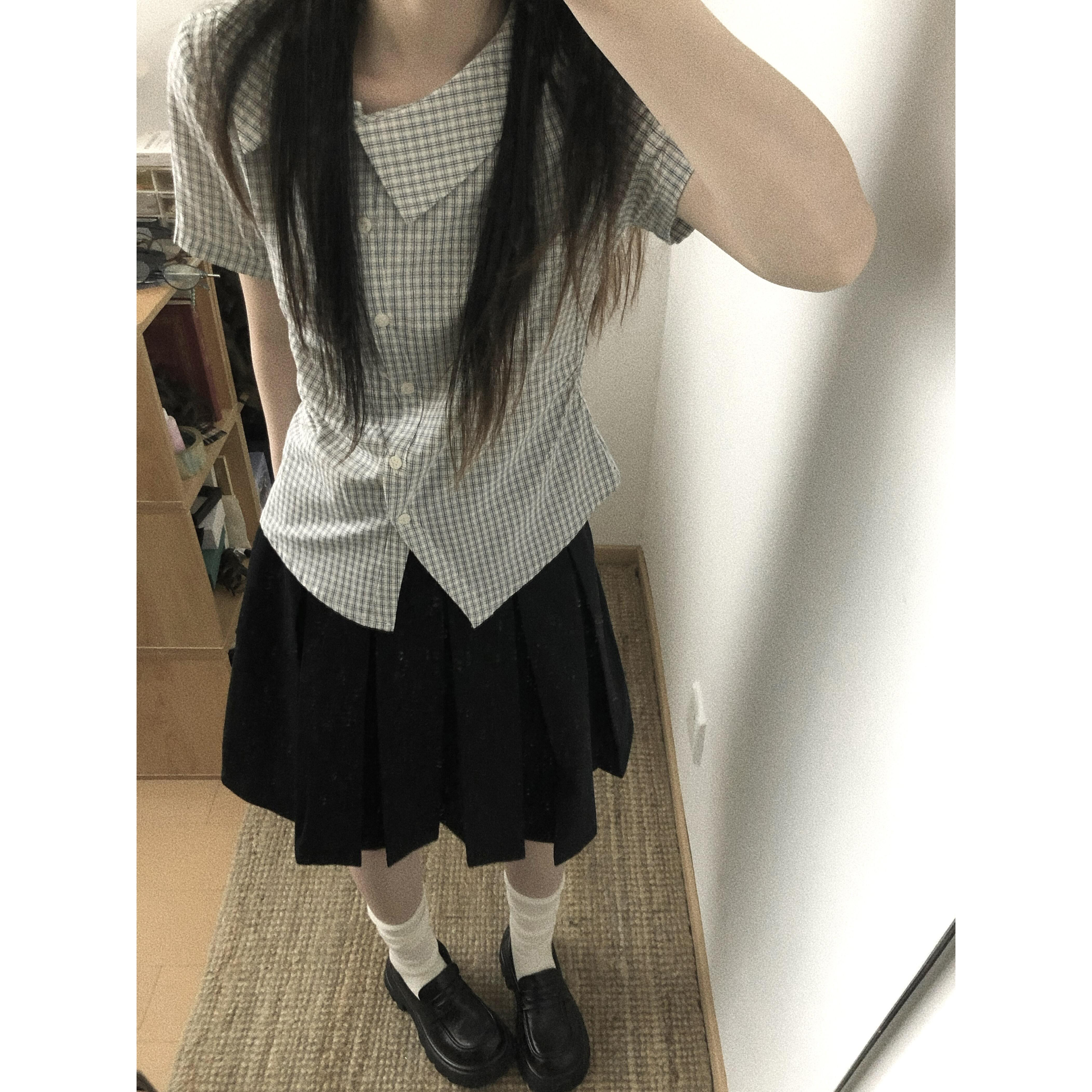 日系学院风格子衬衫百褶裙子套装女夏休闲复古上衣短袖半身裙短裙