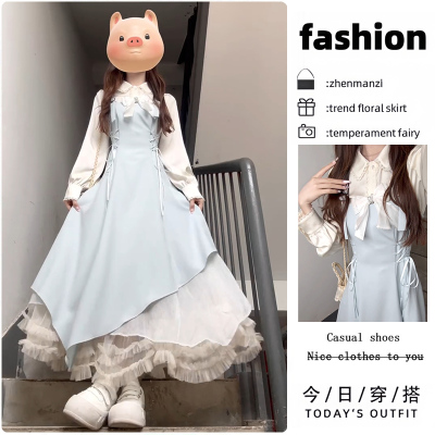 法式浅蓝色连衣裙套装女冬装