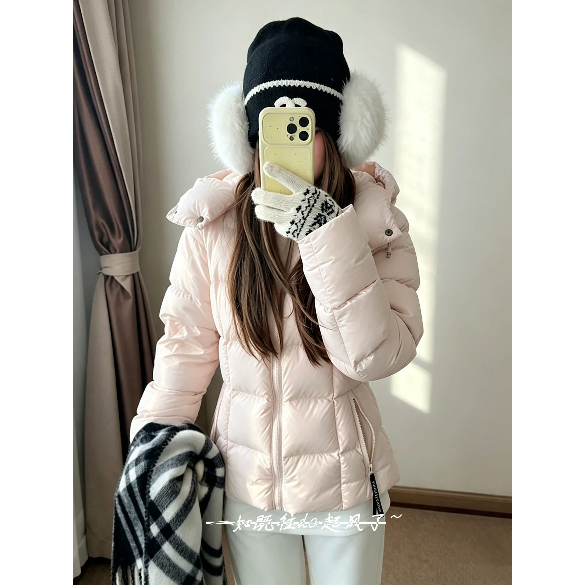 韩系粉色连帽面包服外套女冬修身显瘦收腰小个子棉服短款棉衣棉袄