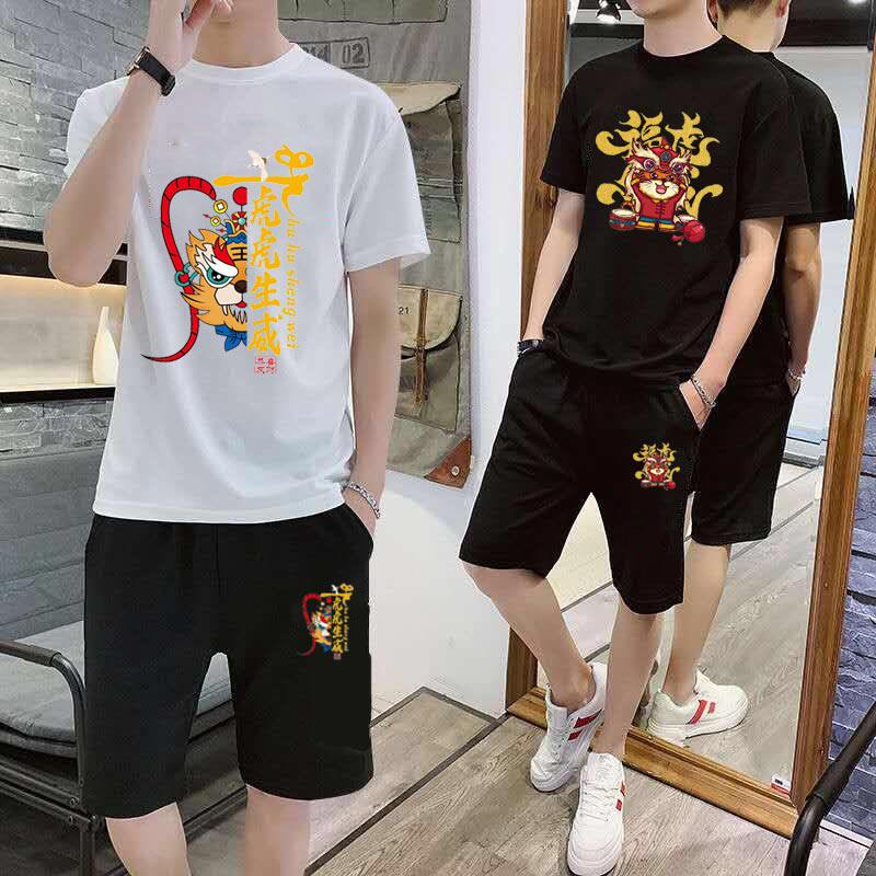 新款国潮夏季男士运动服韩版潮流休闲套装男青少年薄款短裤短袖上