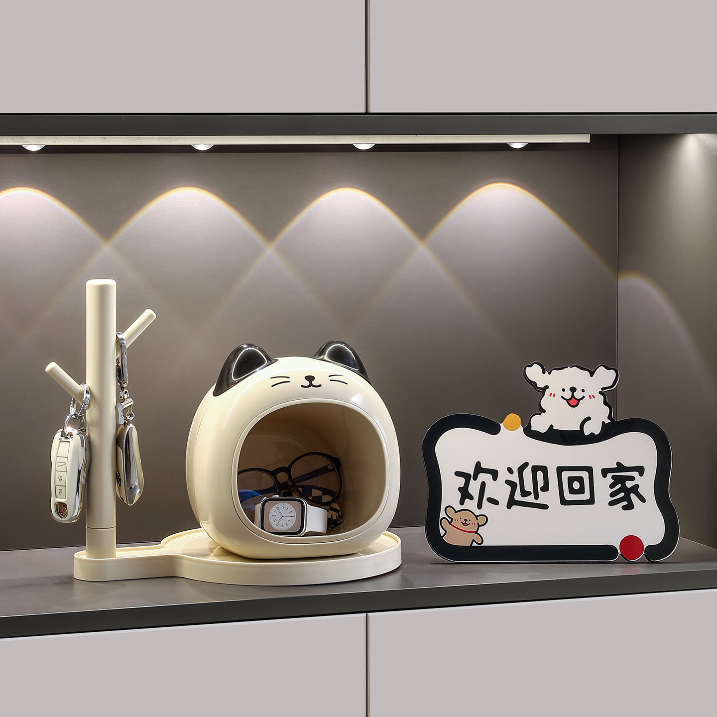 可爱小猫入户钥匙收纳玄关摆件轻奢高档门口鞋柜电视柜客厅装饰品