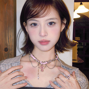 Y2K粉色缠绕十字架流苏项链chocker甜酷辣妹亚文化锁骨链镶钻颈链