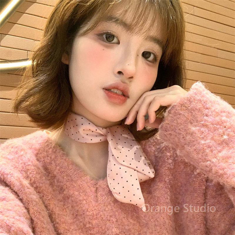 温柔甜美粉色波点丝巾小众复古少女感长条领巾高级感百搭丝带飘带