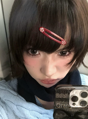日系复古醋酸小花椭圆发夹红色可爱古着感碎钻一字夹发卡甜美边夹