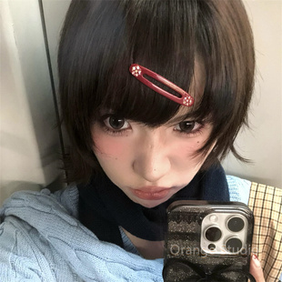 日系复古醋酸小花椭圆发夹红色可爱古着感碎钻一字夹发卡甜美边夹