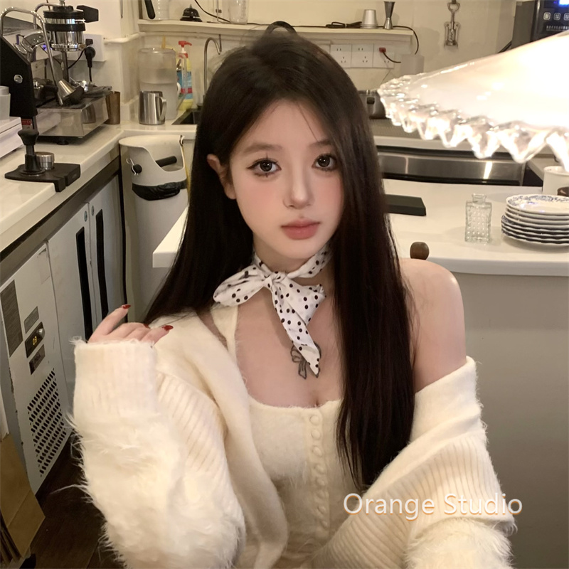 韩系温柔飘带波点丝巾甜美纯欲风高级感领巾白色长条丝带围巾配饰