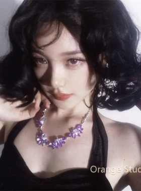 古早紫色氛围感水钻花朵项链