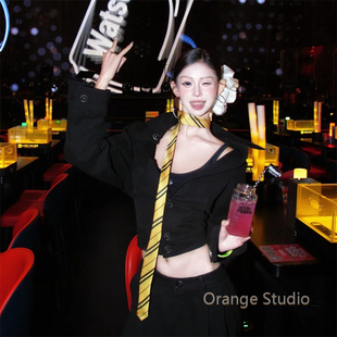 学院风黄色斜条纹领带复古ins风辣妹长条围巾y2k甜酷飘带丝巾配饰