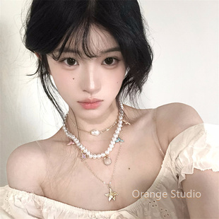 复古度假风海星贝壳海螺项链小众ins多层叠戴锁骨链辣妹颈链配饰