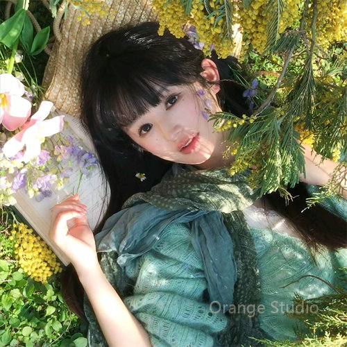 复古薄荷绿棉麻皱褶碎花围巾