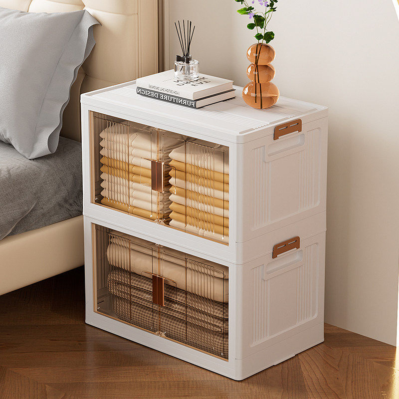 【香港澳门包邮】床头柜奶油风简约多层双开门透明床头置物柜家用,收纳整理,收纳柜,淘宝优惠券,粉丝福利购,淘宝优惠卷