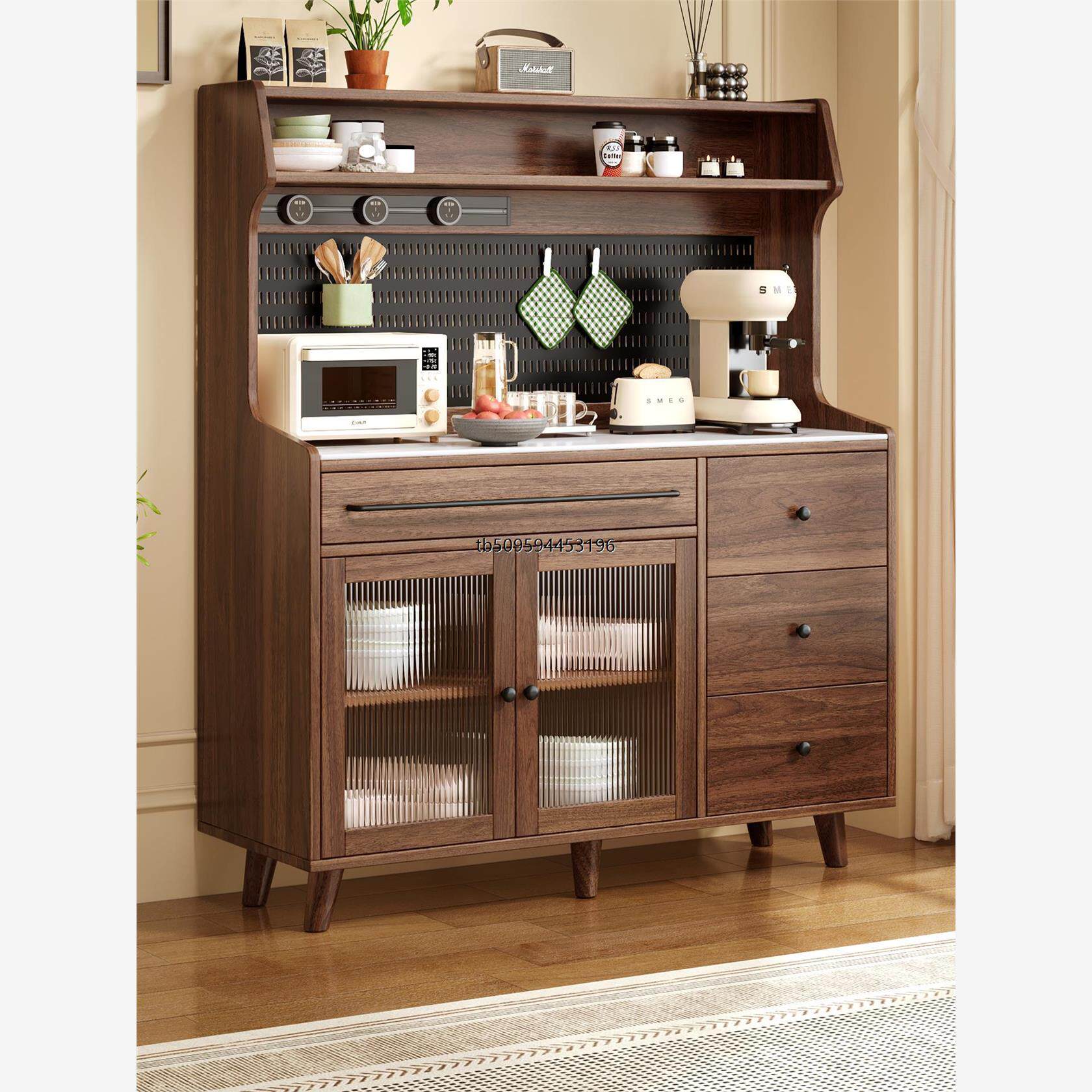 【香港包邮包安装】实木餐边柜靠墙一体储物柜置物架中古风咖啡柜