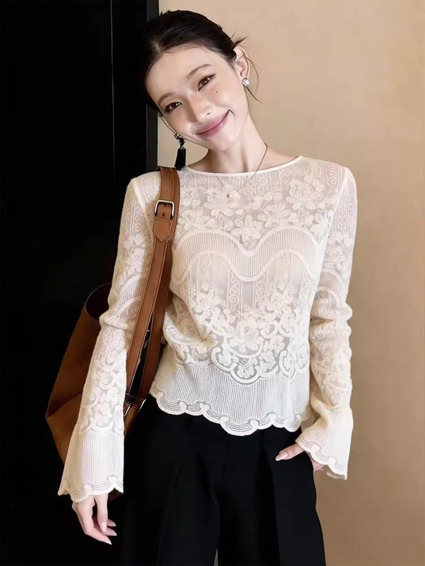 thumbnail for French jacquard flared sleeve lace shirt women's spring 2026 new design sense niche loose slim long-sleeved top