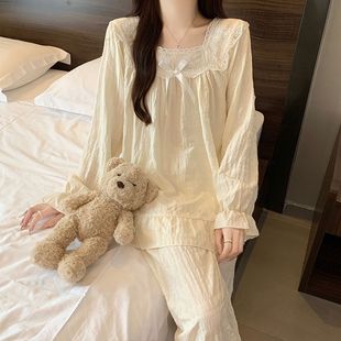 秋季 纯色韩版 新款 云朵棉甜美舒适睡衣女套装 休闲家居服 长袖 长裤
