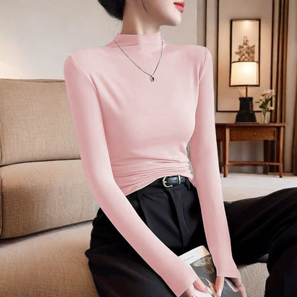 春季半高领长袖t恤女季新款薄款内搭打底衫修身显瘦色上衣0104z