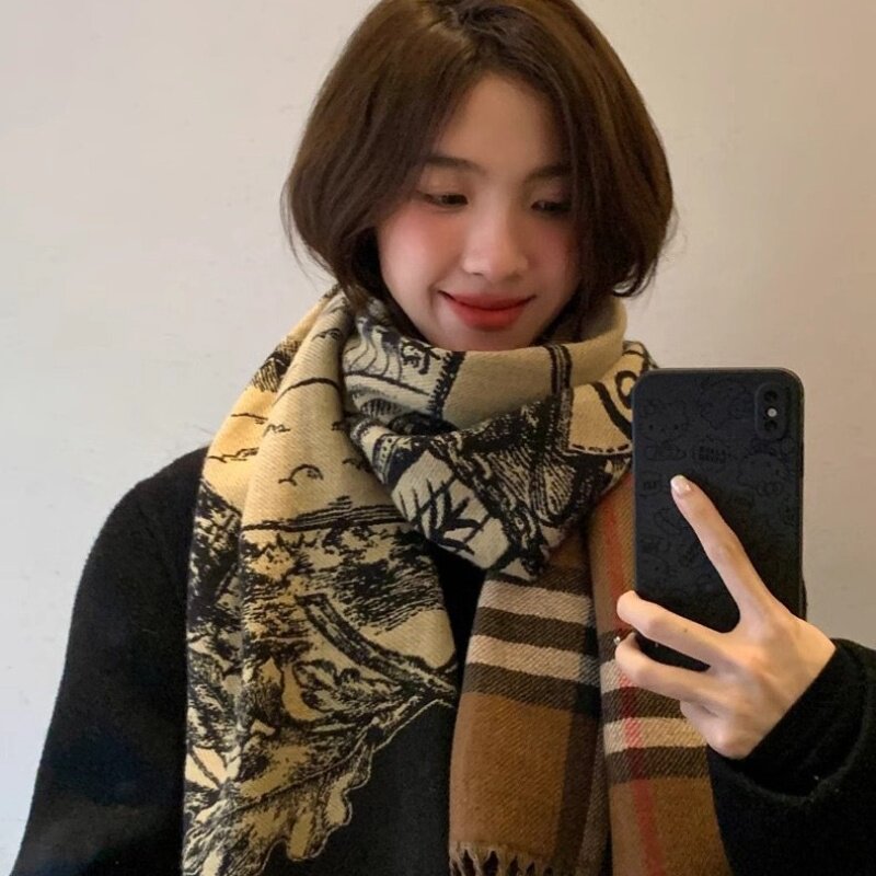 加厚复古战马格子双面仿羊绒围巾女冬季流苏保暖外搭披肩围脖礼盒