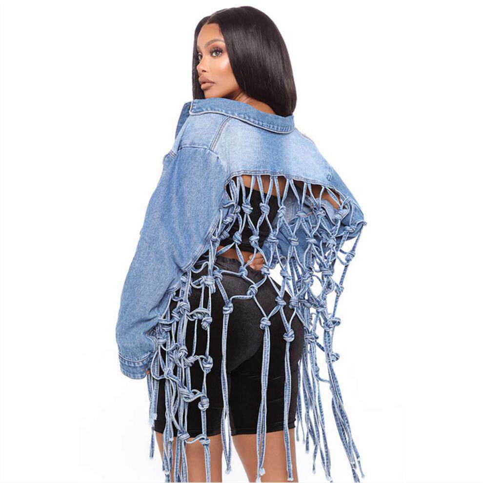 Fringed Denim Jacket设计感小众后背网格流苏演出服长袖牛仔外套
