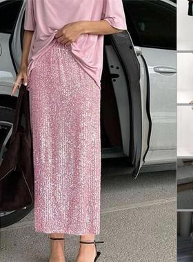 Sequin split skirt 纯色亮片后开叉时尚休闲高腰百搭半身裙长裙