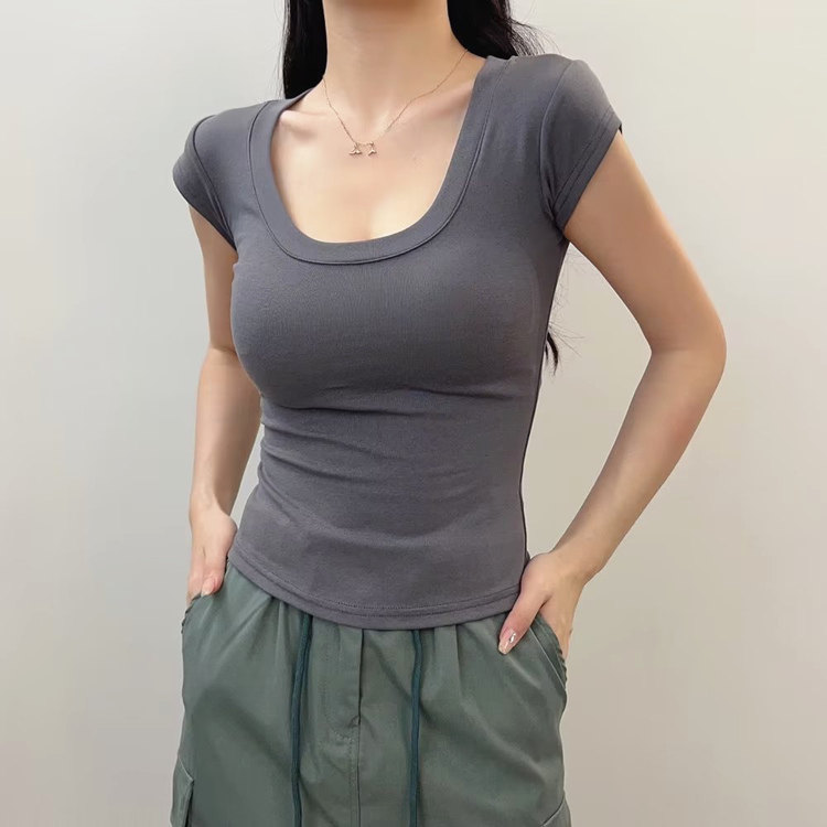 夏季新款纯色性感大U领短