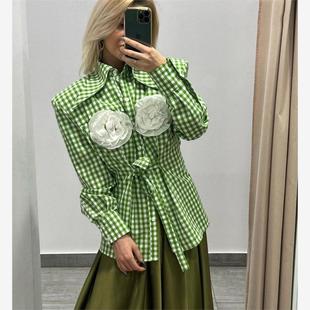 歐美格子大尖領立體花朵長袖 Checkered Floral Shirt 綁帶襯衣女