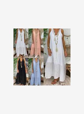 Summer women's collar lace stitched split Beach Dress