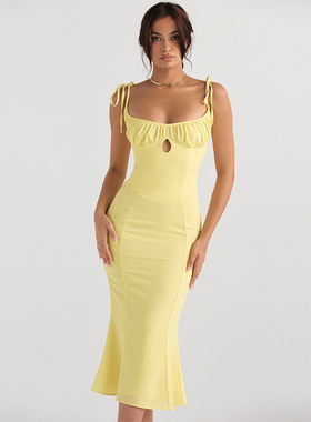 欧美风INS黄色修身性感吊带鱼尾长裙夏浅V田园风荷叶边连衣裙女装