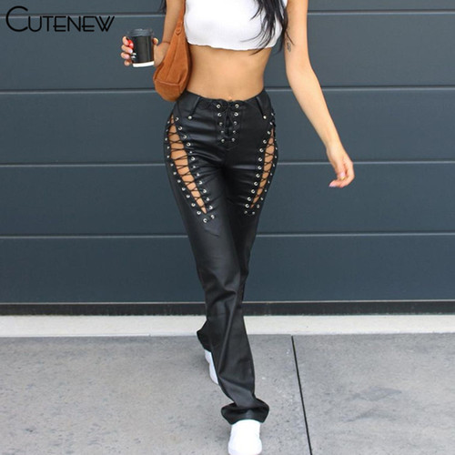 Y2K PU Leather Sexy Hollow Out Bandage Women Pants Trouser
