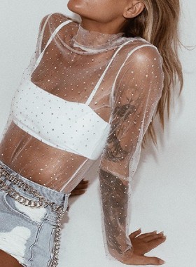 Women Sheer Mesh Sequins Tops Glitter See-Through Tee Tops